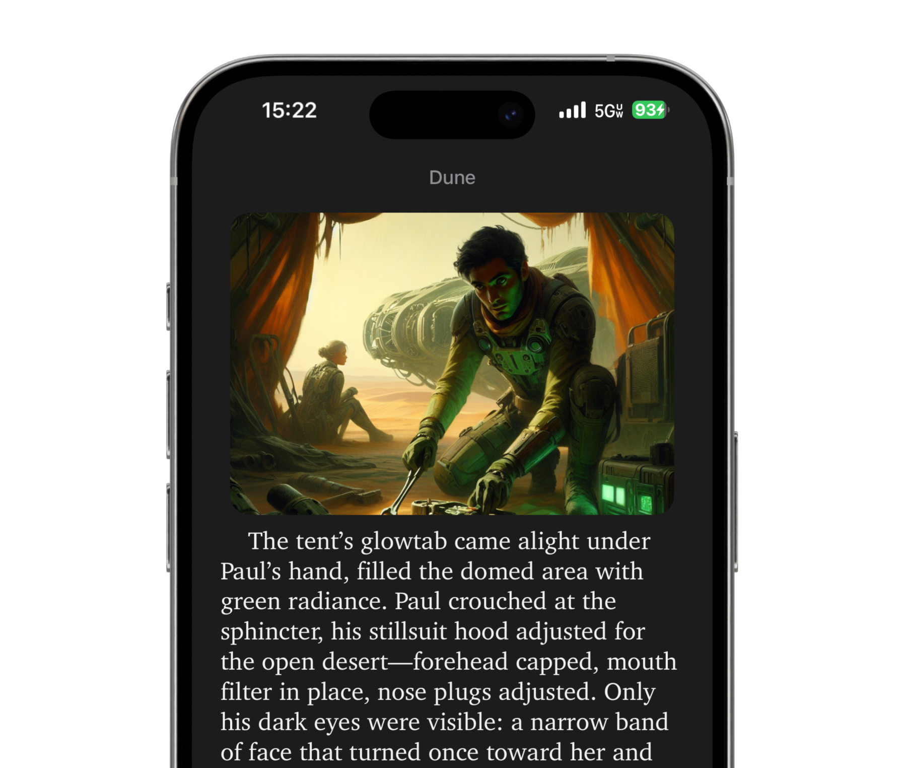 Dune storyboard illustration alongside text in the Book2Life reader